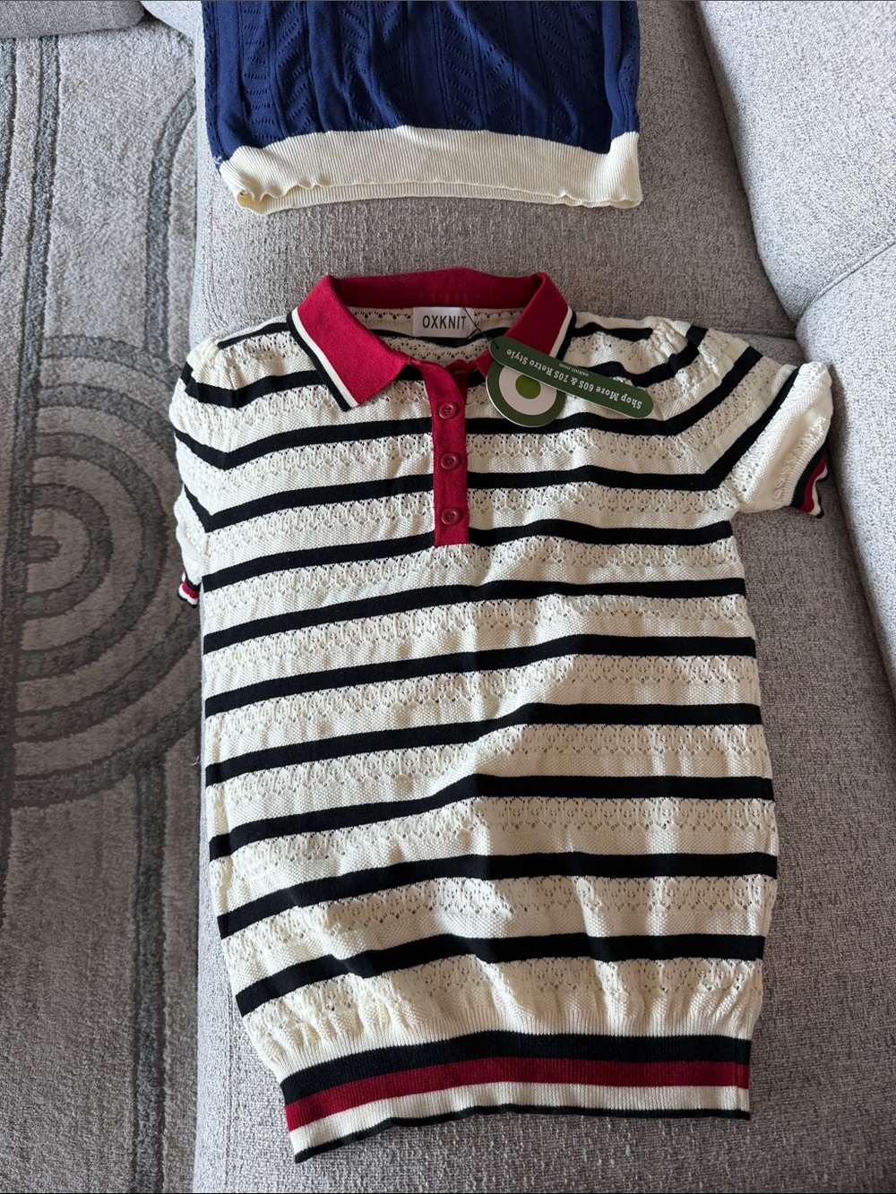 Women’s  Striped Knit Polo Shirt in Cream and Black with Red Trim